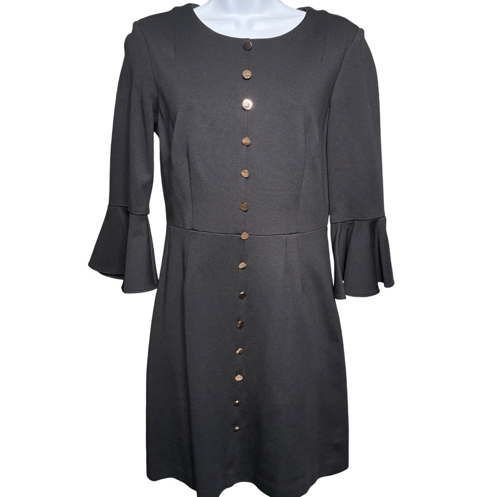 TRINA TURK Womens Black Sheath Dress Sz 4 Bell Sleeve‎ Gold Button Mod LBD Chic